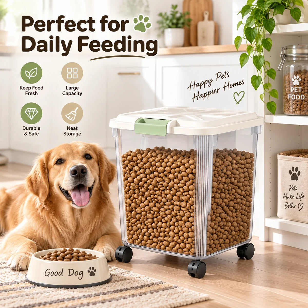 25KG Large Capacity Pet Food Storage Container with Wheels, Airtight Dog Cat Food Bin with Measuring Cup, Sealed Kibble Storage Box, 360° Rolling Casters for Home Kitchen Pantry