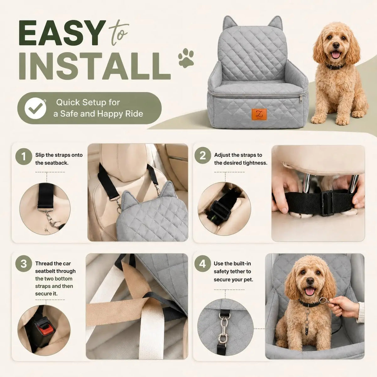 Dog Car Seat Booster For Small Dogs Up To 25 lbs, Pet Car Seat Wtih 6-inch Booster, Safety Belt, Non-slip Base, High-density Foam, Washable Cover For Travel(Grey)