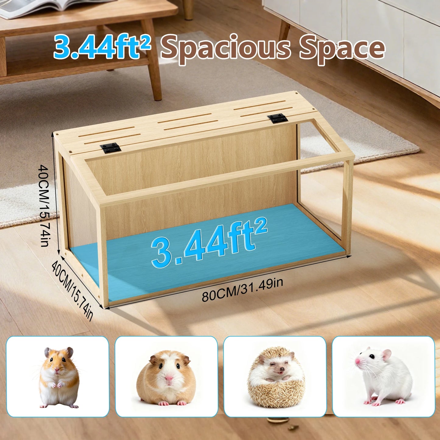 Large Wooden Hamster Cage Clear Tempered Glass Pet Small Animal Habitat Cage Playful Hutch House Built-in LED Light