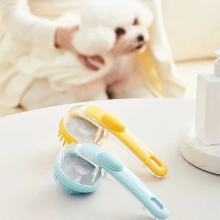 Pet Bath Brush with Shampoo Dispenser for Dogs Cats, Long Handle Soft Silicone Gentle Massage Brush, One Press Soap Dispensing Pet Grooming Bathing Tool