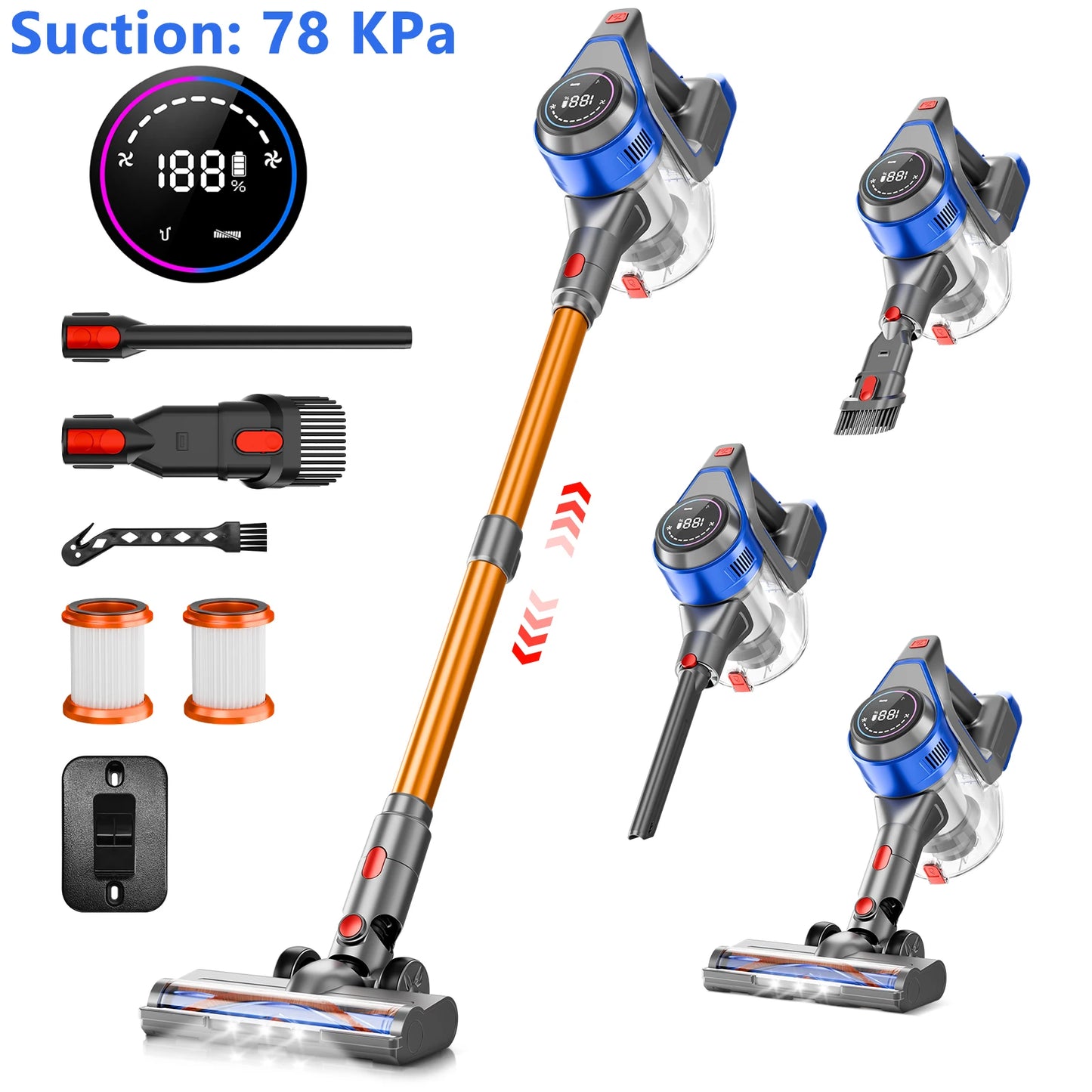 Honki 78KPA Cordless Vacuum Cleaner with LED High Power Strong Suction Wet and Dry Handheld Vacuum Cleaner for Pet Hair Carpet