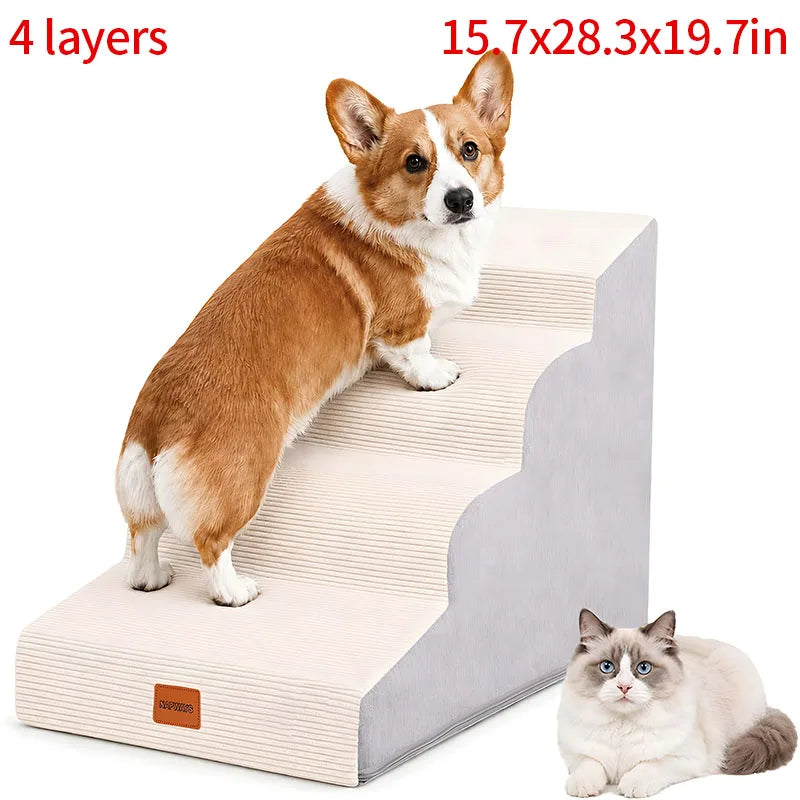 3/4/5 Steps Curved Pet Stairs 22.6/19.75/15.7 Inches High Access Ramp for Cat/Dog Suitable for Bed/Sofa/Car Non-slip Pet Steps High-density Foam Grey/Beige Suitable for Injured and Elderly Pets Comes with A Washable Cover and