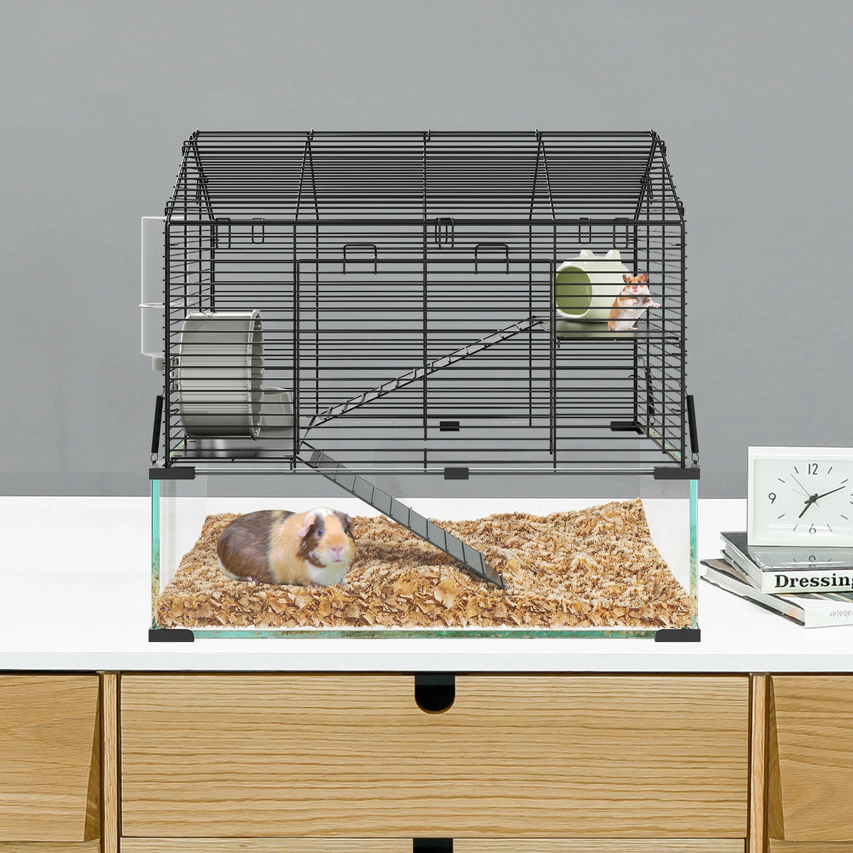 Large Hamster Cage, 3-Tier Gerbil Cages with Running Wheel, Water Bottle, Food Bowl, Ramps, Portable Hamster House with 7 in Deep Glass Bottom for Syrian, Dwarf Hamster, Gerbils