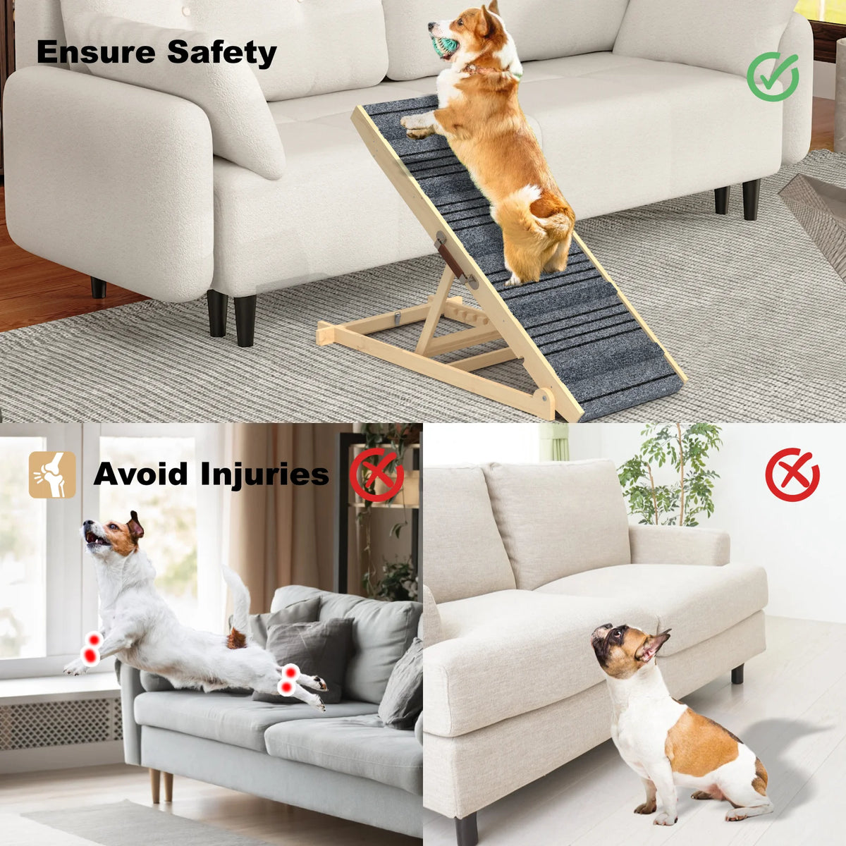 7-Height Adjustable Dog Ramp for Bed, Solid Wood Folding Pet Ramp with Anti-Slip Carpet Surface, No Assembly, Supports 150 lbs