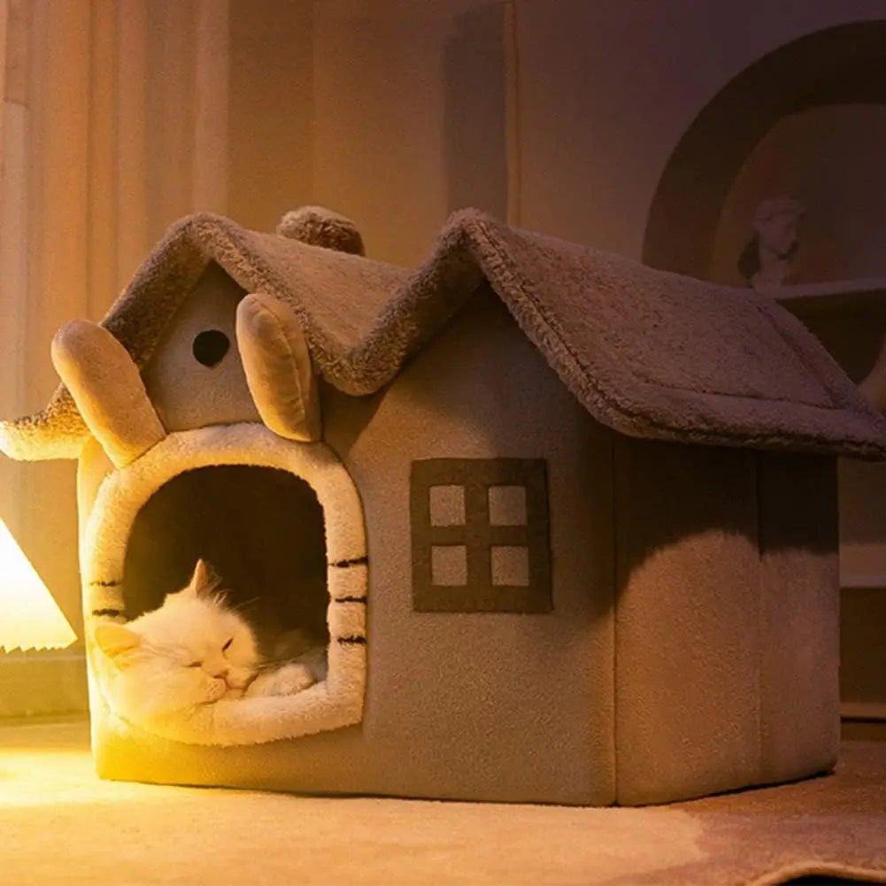 Luxury Double Roof Indoor Dog House Cat Nest,Foldable Warm Soft Kennel,30D High Elastic Memory Sponge,Removable Cushion and Non-Slip Bottom (Grey Double Roof, M)