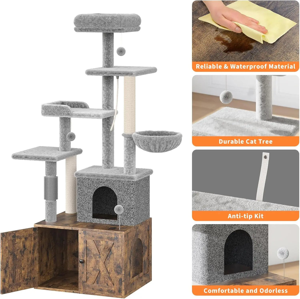 Cat Tree with Litter Box Enclosure Large, Multilevel Cat Play House with Large Condo, Spacious Hammock, Cozy Top Perch,Scratching Post and Dangling Balls,Wooden Cat Furniture for Indoor Cats,Brown