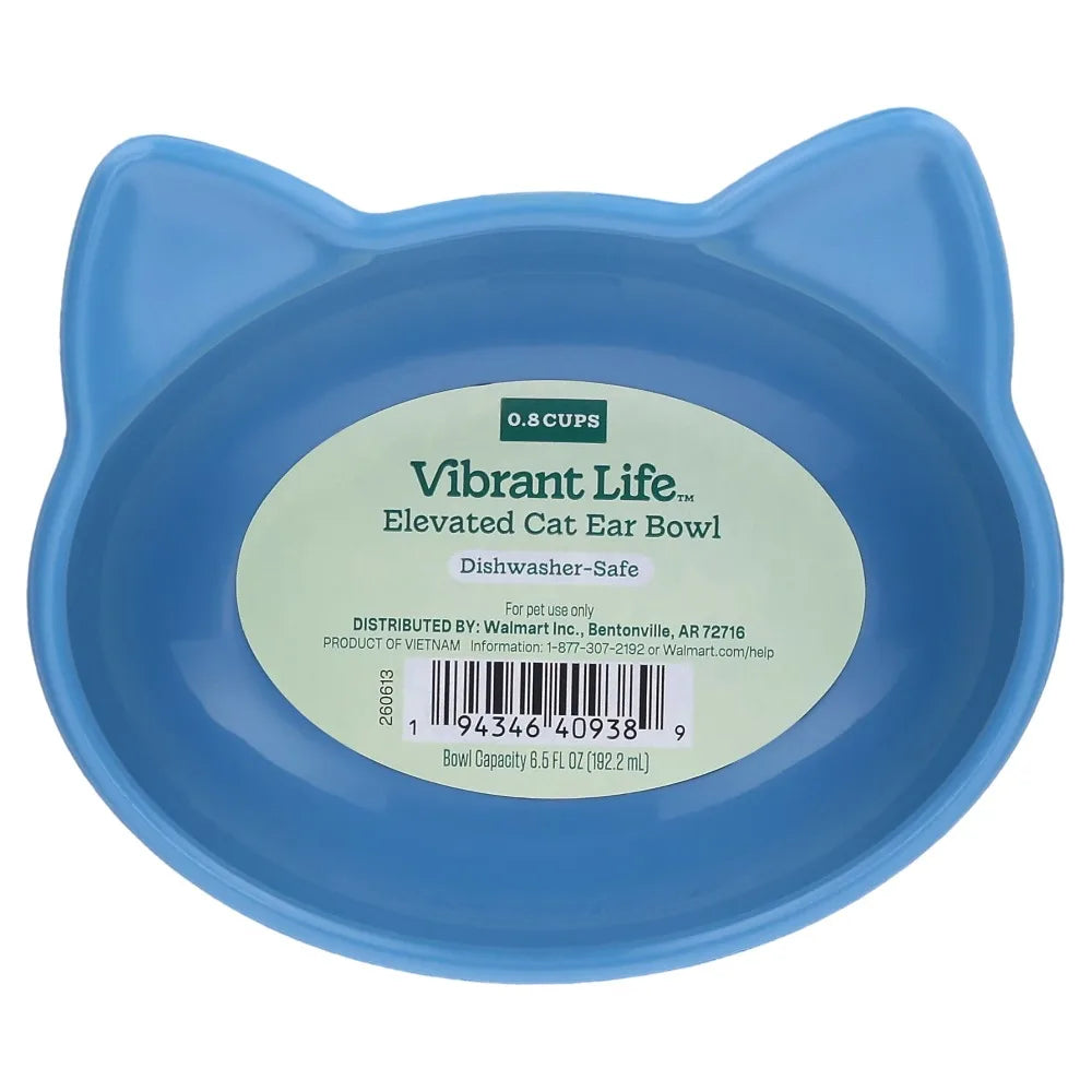 Elevated Cat Bowl with Ears Design Pet Food Water Feeder Dish Anti Vomit Slow Eating 0.8 Cup Capacity Blue Plastic Cute Bowls for Cats and Small Dogs