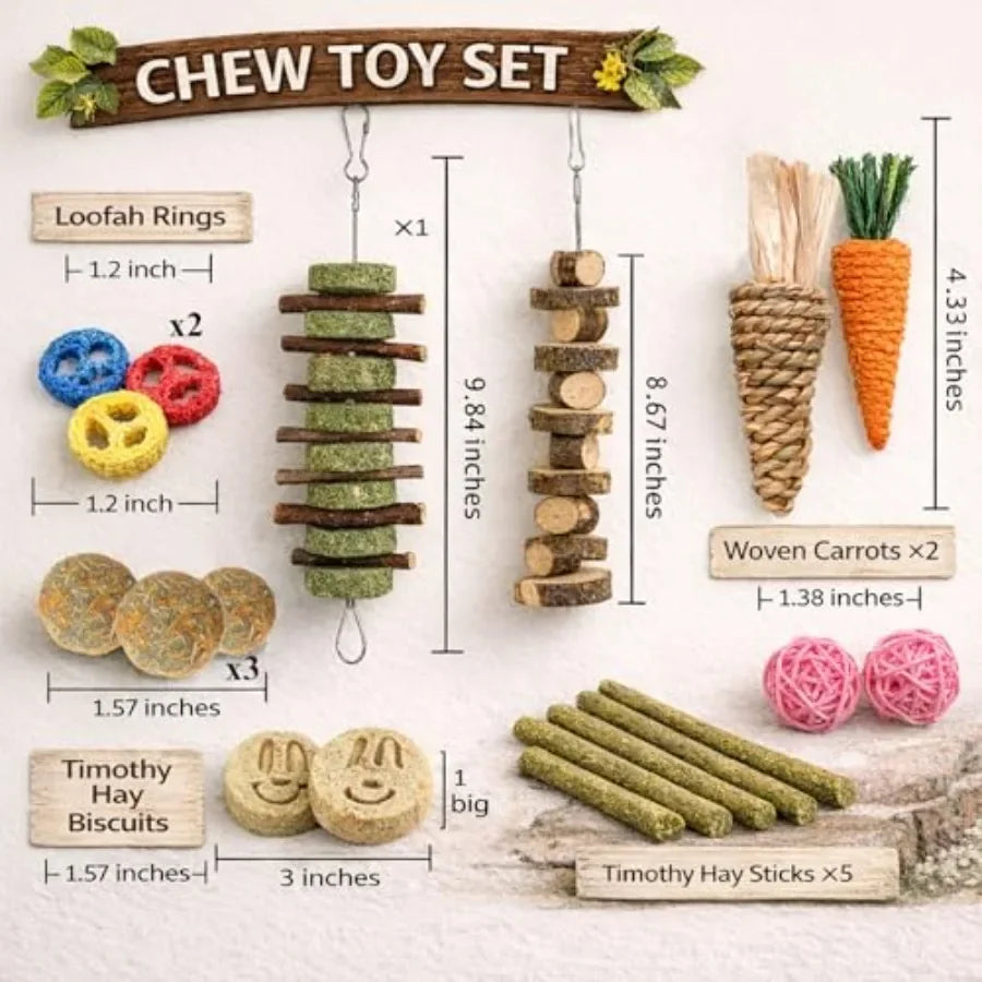 20 PCS Bunny Chew Toys for Teeth, Natural Rabbit Toys Apple Wood Grass Timothy Sticks Chew and Treat for Guinea Pigs Hamster Ch