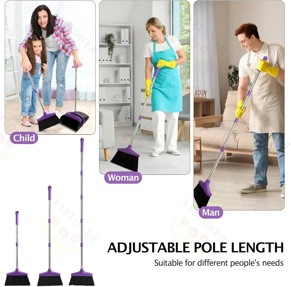 54.7" Long Handle Broom & Dustpan Set, Lightweight Stainless Steel, Stands Upright, for Home Kitchen Pet Hair, Purple