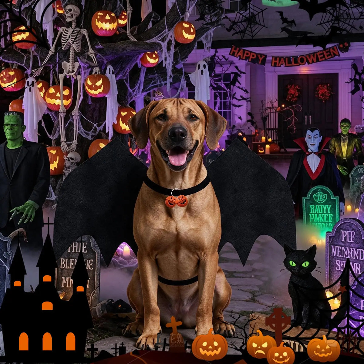 Halloween Dog bat Wing Costumes L,pet Costumes for Halloween Party Skeleton Print On The Back,Pumpkin Bell,Neck & Chest Adjustable nylon Straps,Lightweight Felt Comfort,for large dogs