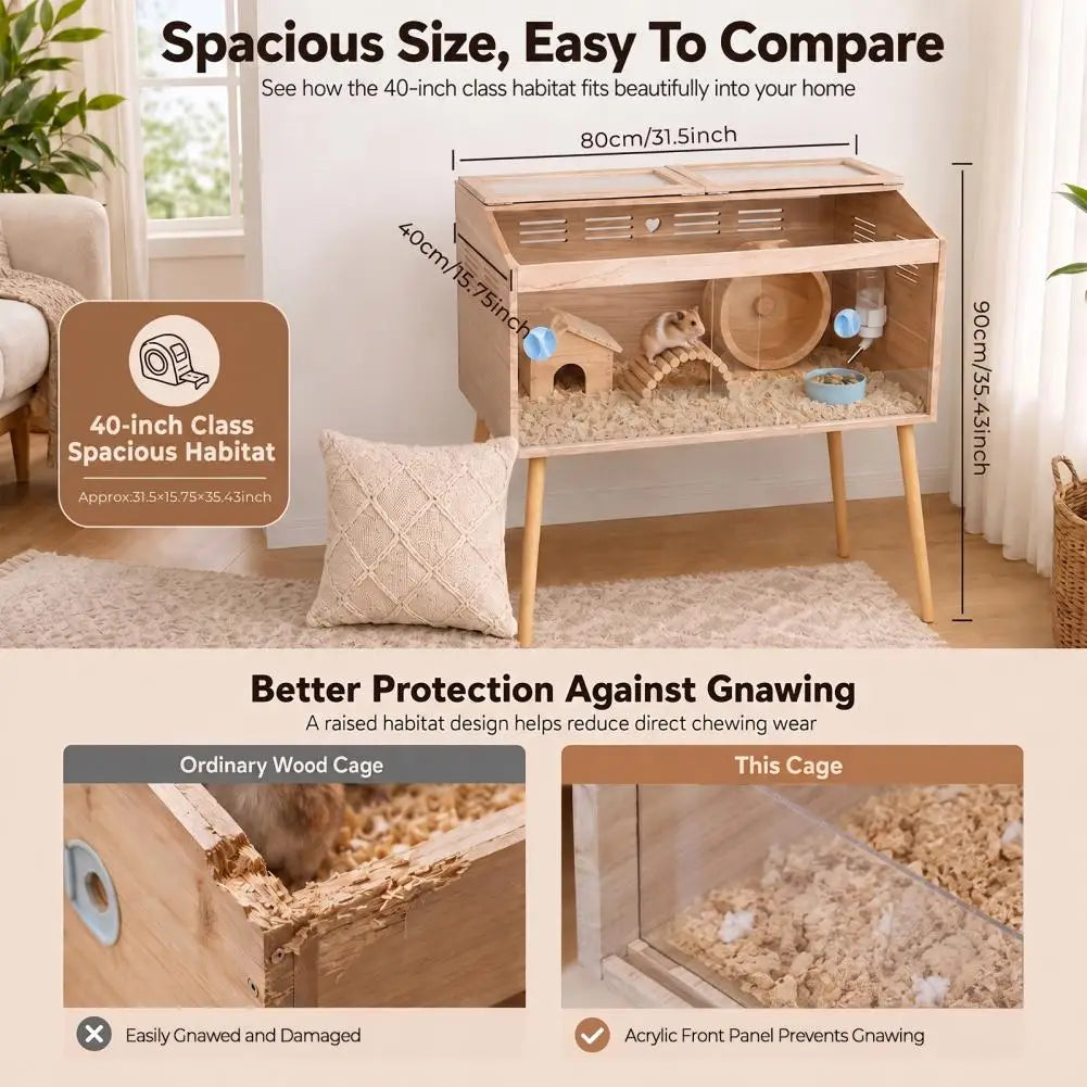 Chew‑Proof Wooden Hamster & Guinea Pig Cage with Legs, Lockable Habitat with Ventilation Deodorizing Design