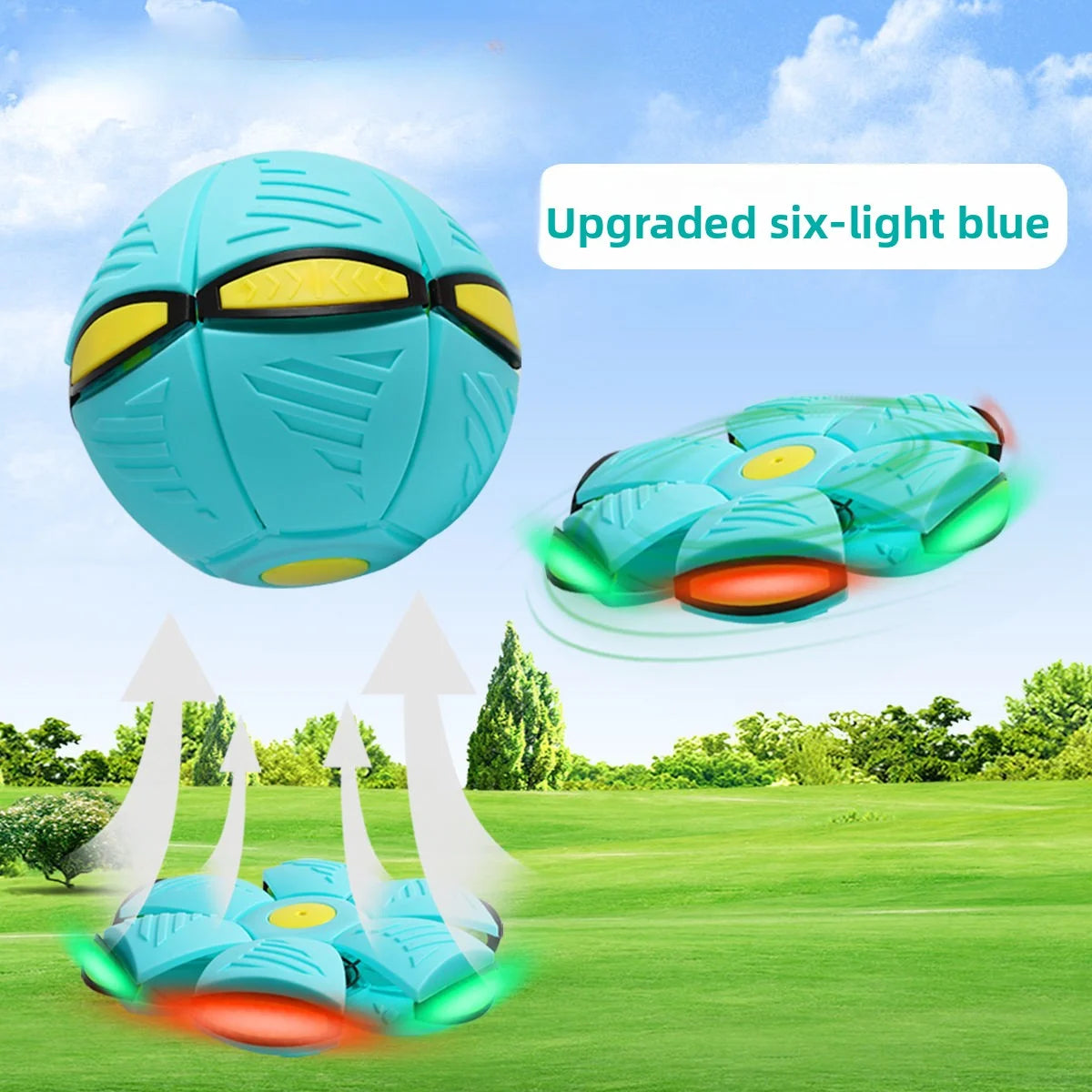 Six-Light Dual-Mode Magical Transforming Pet Bouncy Ball, UFO-Shaped Ball, Durable Dog Interactive Training and Play Toy, Blue and Red