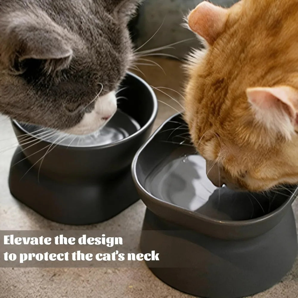 Double Sided Cat Food and Water Bowl Set for Indoor Cats Non Slip Pet Feeding Dishes with Elevated Stand for Small Dogs and Cats Anti Vomiting Slow Feeder Design Grey Color Modern Durable Ceramic Style Easy Clean Non