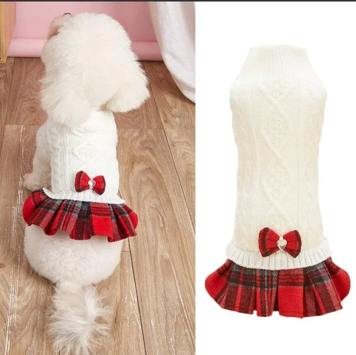 Dog Christmas Outfit, White Gray Knitted Puppy Sweater & Plaid Skirt Set, Warm Winter Holiday Pet Apparel for Small Dogs & Cat