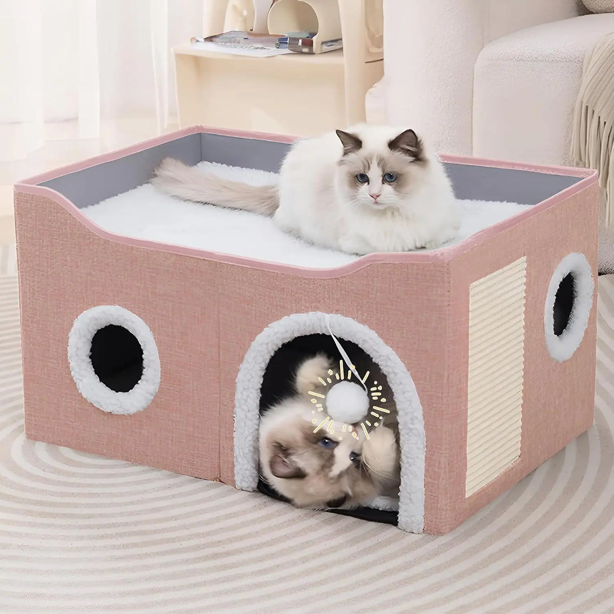 Loyareal Cat Houses for Indoor Cats - Large Cat Bed Cave with Scratch Pad and Fluffy Ball, Foldable Cat Condo Hideaway with Reversible Cushion for Multi Small Pet, Dark Grey