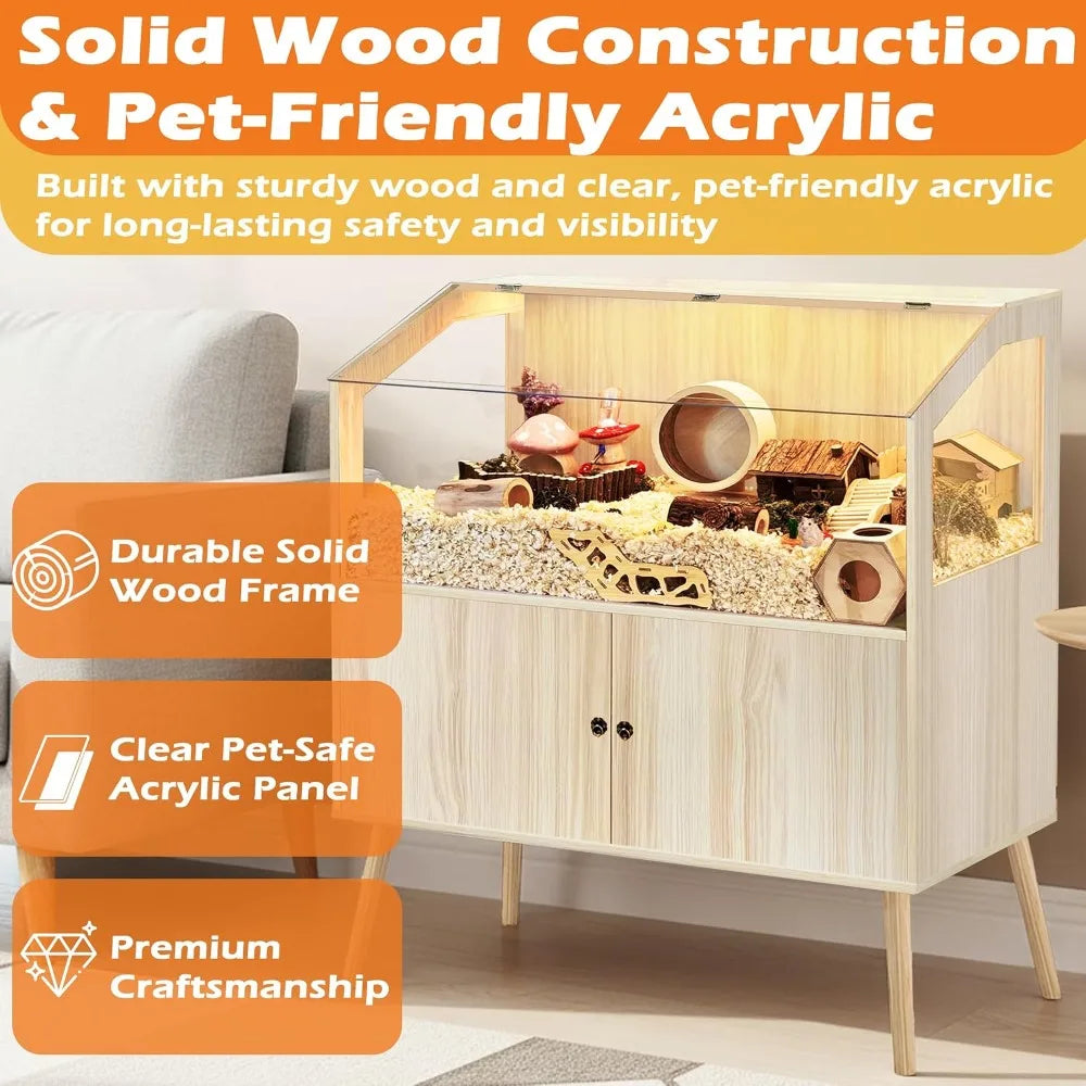 Large Hamster Cage with Storage Cabinet, 40" L x 20" W x 47" H, Chew Proof Wood & Clear View, for Guinea Pig, Ferret, Rat, Hedgehog (Oak)