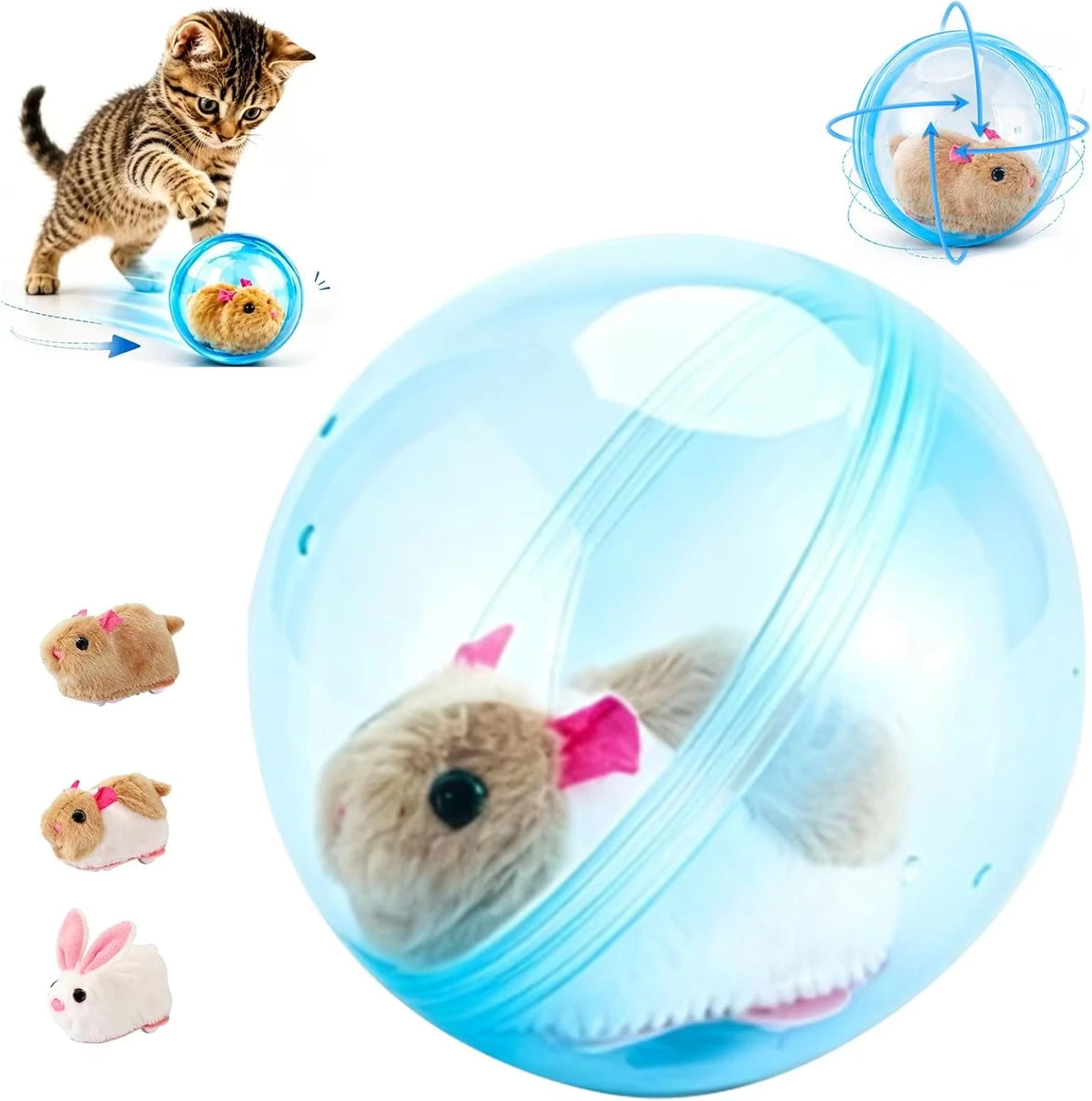 Self‑Rotating Obstacle Avoid Electric Cat Toy Ball, Battery Powered Transparent Interactive Plush Rabbit Rolling Pet Ball for Cats Small Dogs Indoor Exercise