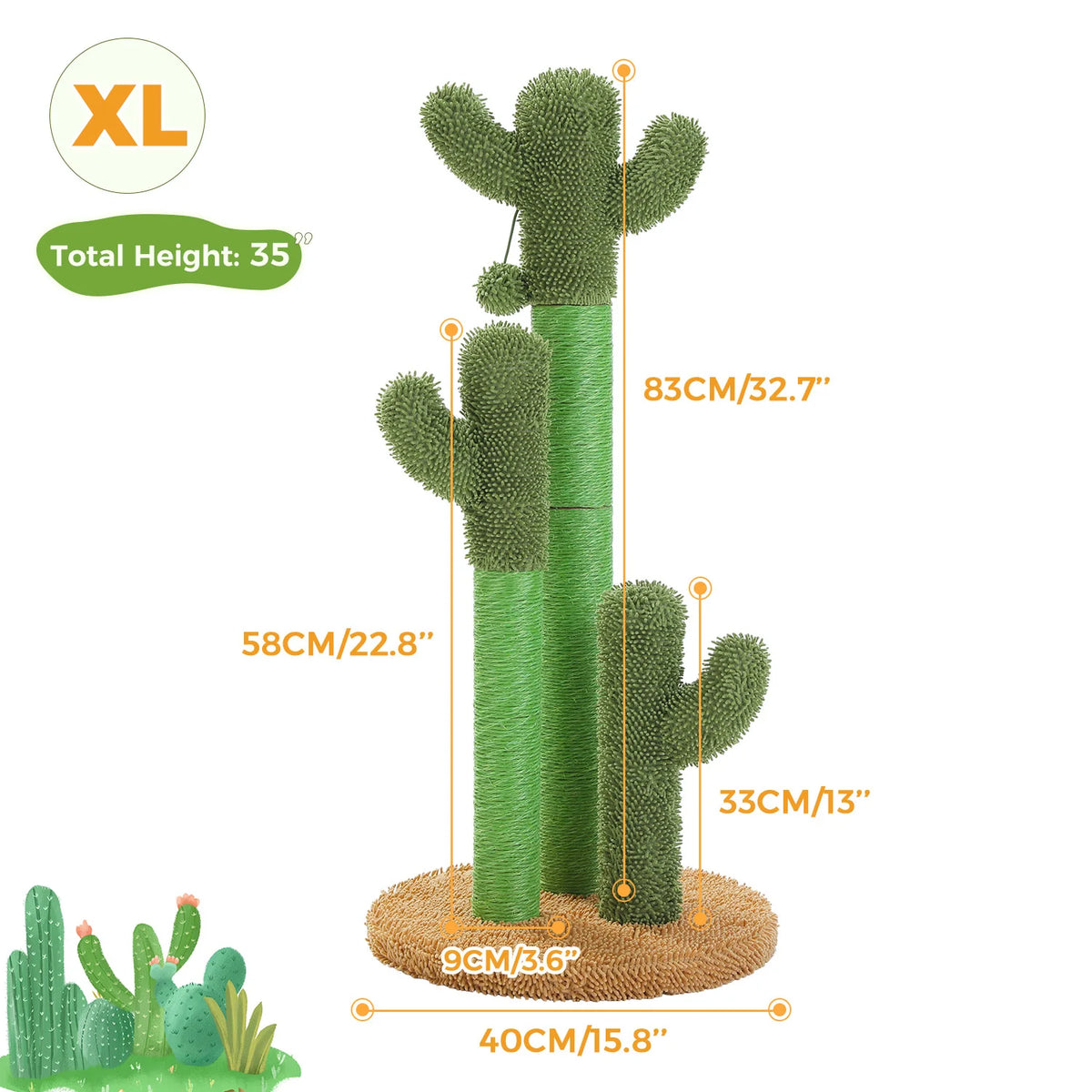 Cactus Cat Scratching Post for Indoor Cats Tall Cat Scratcher with 3 Sisal Scratching Poles Interactive Dangling Ball Cat Toys