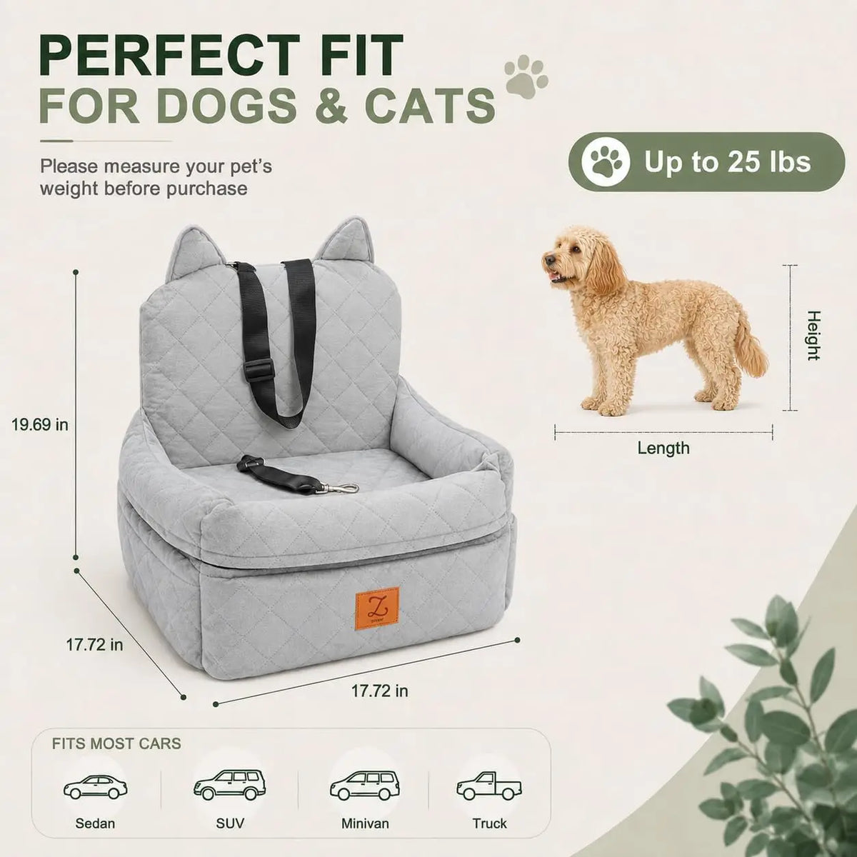 Dog Car Seat Booster For Small Dogs Up To 25 lbs, Pet Car Seat Wtih 6-inch Booster, Safety Belt, Non-slip Base, High-density Foam, Washable Cover  For Travel(Grey)