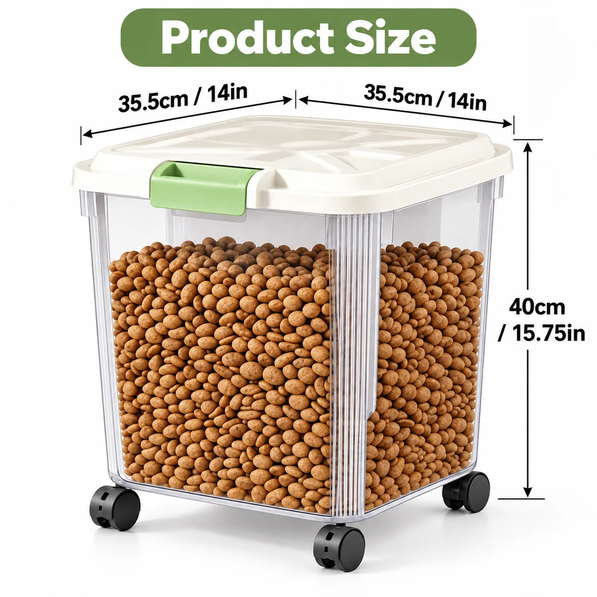 25KG Large Capacity Pet Food Storage Container with Wheels, Airtight Dog Cat Food Bin with Measuring Cup, Sealed Kibble Storage Box, 360° Rolling Casters for Home Kitchen Pantry