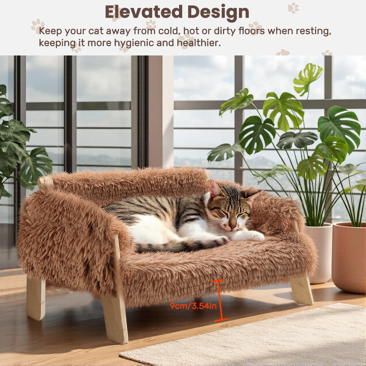 Large Cat Bed Soft Plush Sofa with Sturdy Wooden Legs Raised Design Indoor Kitten Bed Comfortable Soft Couch for Cats