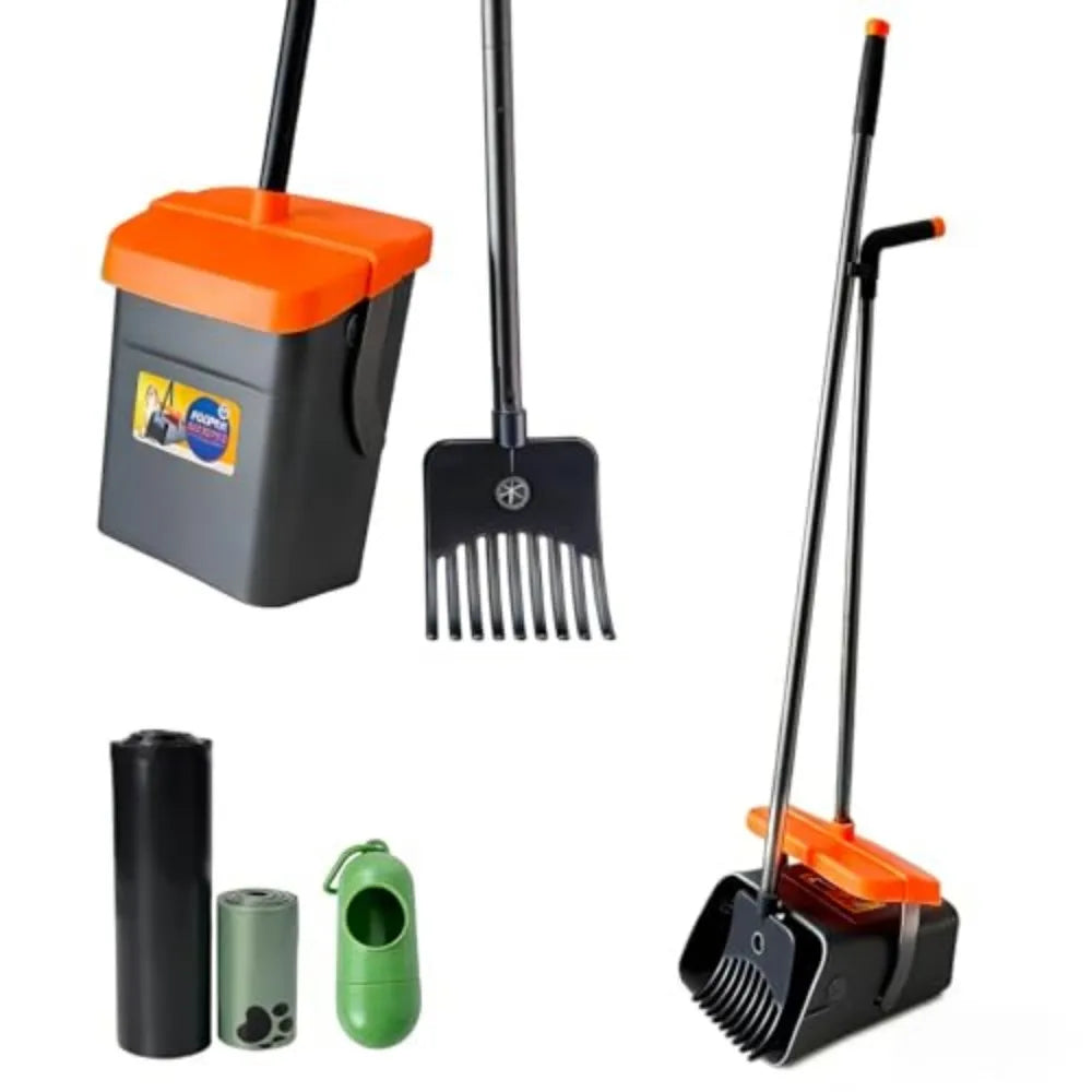 46" Pooper Scooper Swivel Bin & Rake for Large Small Dogs with Bag Attachment, Long Handle Poop Scooper with Lid for Yard (Orange)
