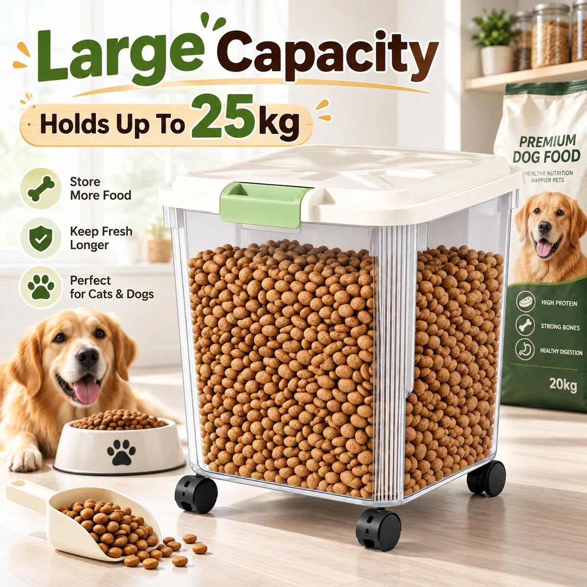 25KG Large Capacity Pet Food Storage Container with Wheels, Airtight Dog Cat Food Bin with Measuring Cup, Sealed Kibble Storage Box, 360° Rolling Casters for Home Kitchen Pantry