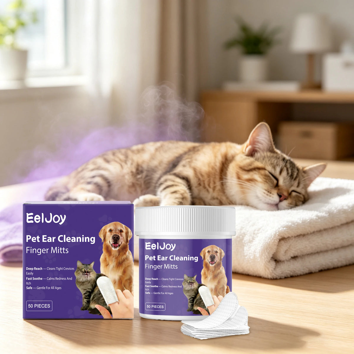 50PCS Pet Ear Cleaning Finger Cots Gentle Formula Daily Cleaning Ear Stains Eliminate Bad Odors Fresh Fragrance Soothing Itching Pet Ear Cleaner Wet Wipe