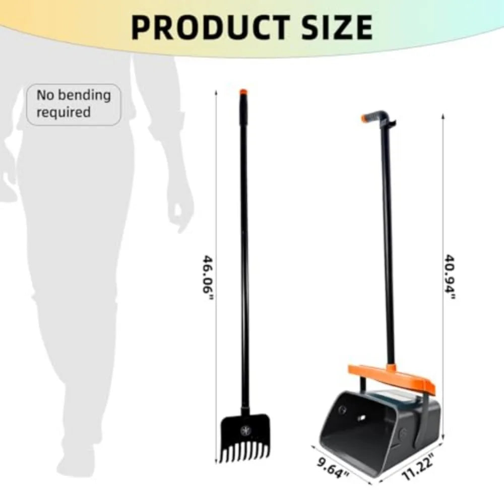 46" Pooper Scooper Swivel Bin & Rake for Large Small Dogs with Bag Attachment, Long Handle Poop Scooper with Lid for Yard (Orange)