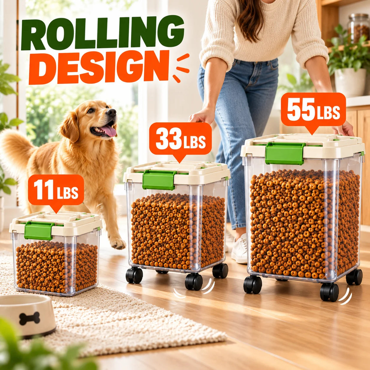Dog Food Storage Container, 55/33/11Lbs Capacity Options, Large Capacity Transparent Pet Food Storage Box with Scoop, Flip Lid Cat Food Container, Airtight Insect-Proof Kibble Bucket for Dogs And Cats