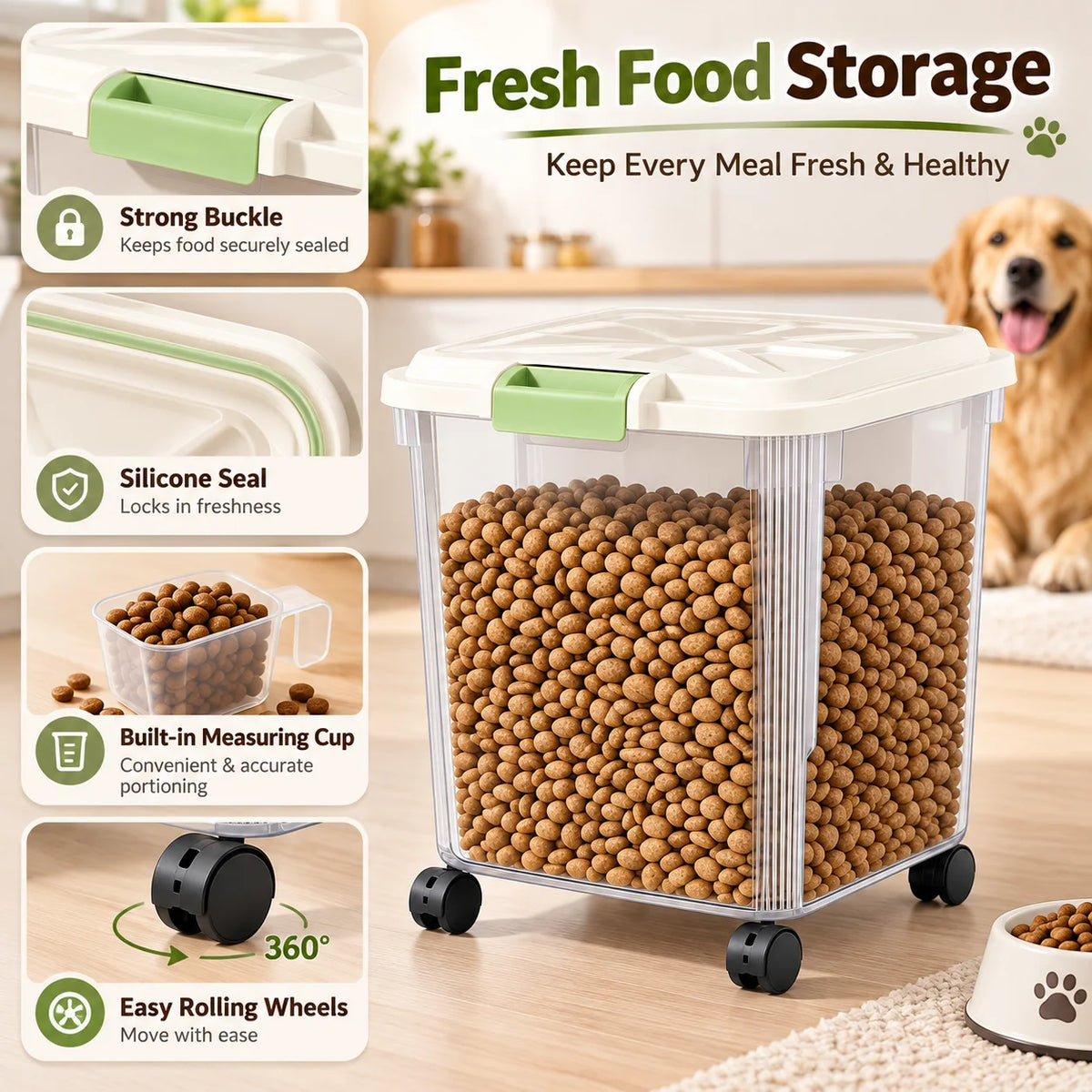 25KG Large Capacity Pet Food Storage Container with Wheels, Airtight Dog Cat Food Bin with Measuring Cup, Sealed Kibble Storage Box, 360° Rolling Casters for Home Kitchen Pantry