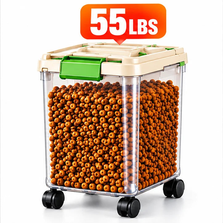 Dog Food Storage Container, 55/33/11Lbs Capacity Options, Large Capacity Transparent Pet Food Storage Box with Scoop, Flip Lid Cat Food Container, Airtight Insect-Proof Kibble Bucket for Dogs And Cats