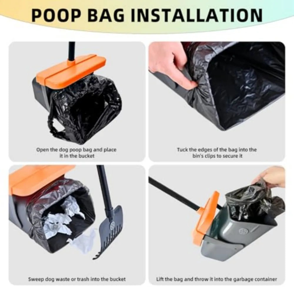 46" Pooper Scooper Swivel Bin & Rake for Large Small Dogs with Bag Attachment, Long Handle Poop Scooper with Lid for Yard (Orange)