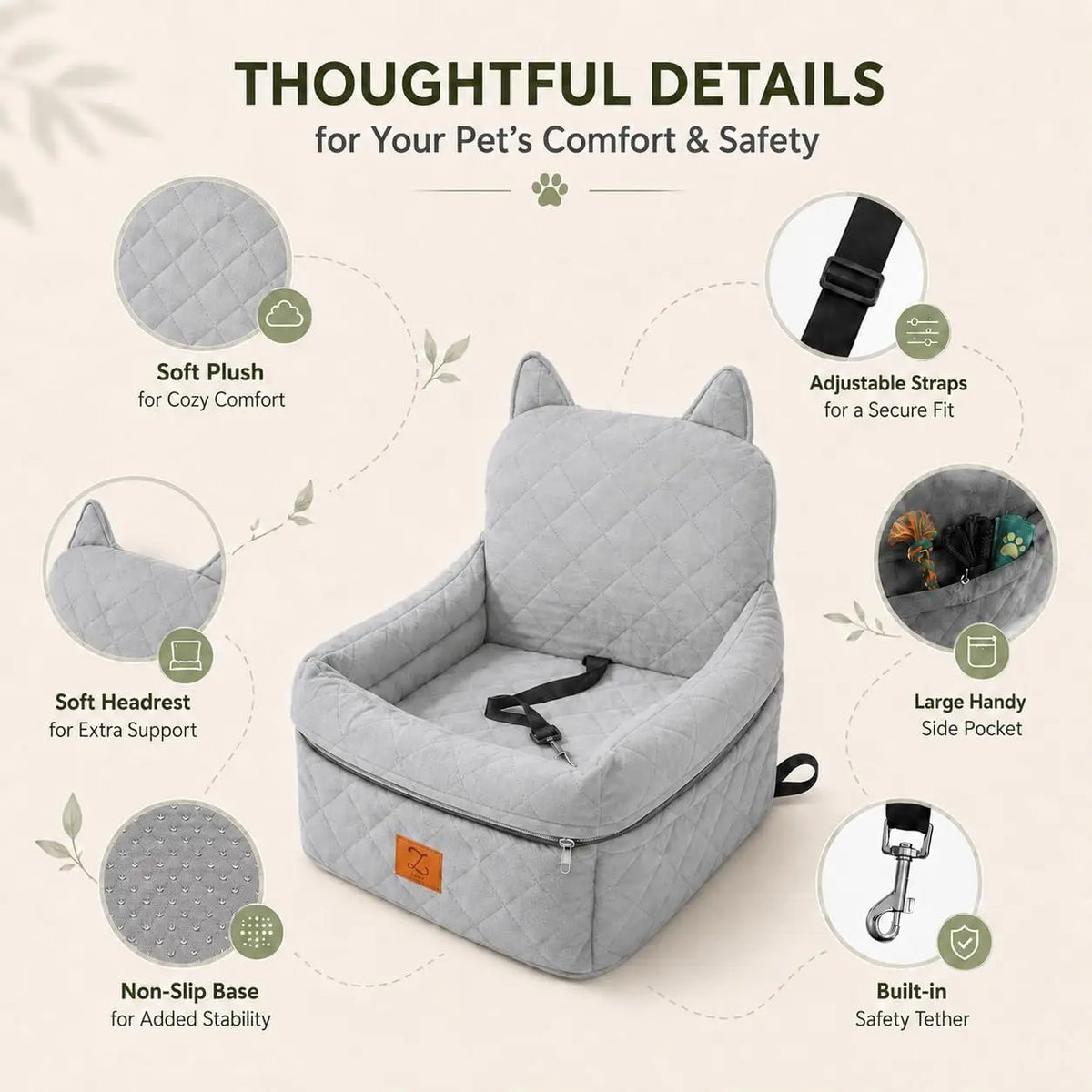 Dog Car Seat Booster For Small Dogs Up To 25 lbs, Pet Car Seat Wtih 6-inch Booster, Safety Belt, Non-slip Base, High-density Foam, Washable Cover  For Travel(Grey)