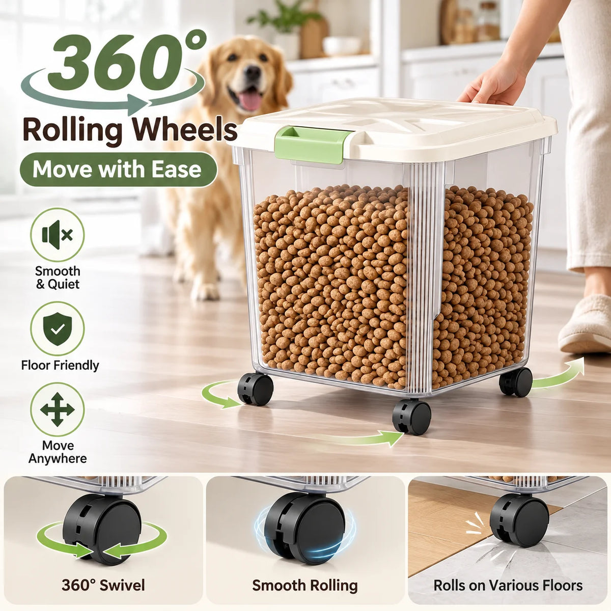 25KG Large Capacity Pet Food Storage Container with Wheels, Airtight Dog Cat Food Bin with Measuring Cup, Sealed Kibble Storage Box, 360° Rolling Casters for Home Kitchen Pantry