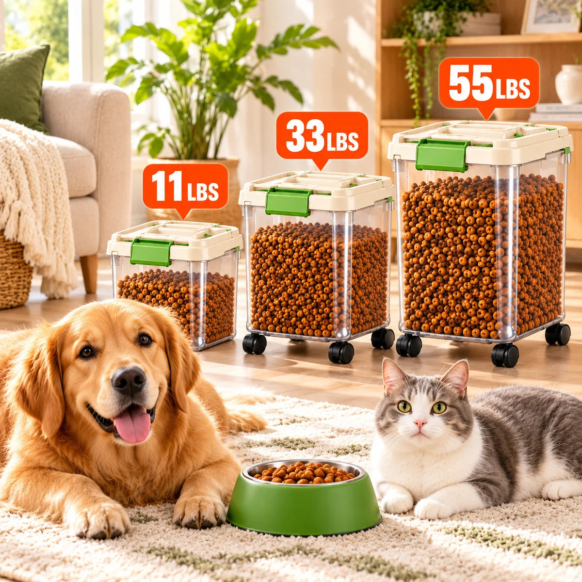 Dog Food Storage Container, 55/33/11Lbs Capacity Options, Large Capacity Transparent Pet Food Storage Box with Scoop, Flip Lid Cat Food Container, Airtight Insect-Proof Kibble Bucket for Dogs And Cats