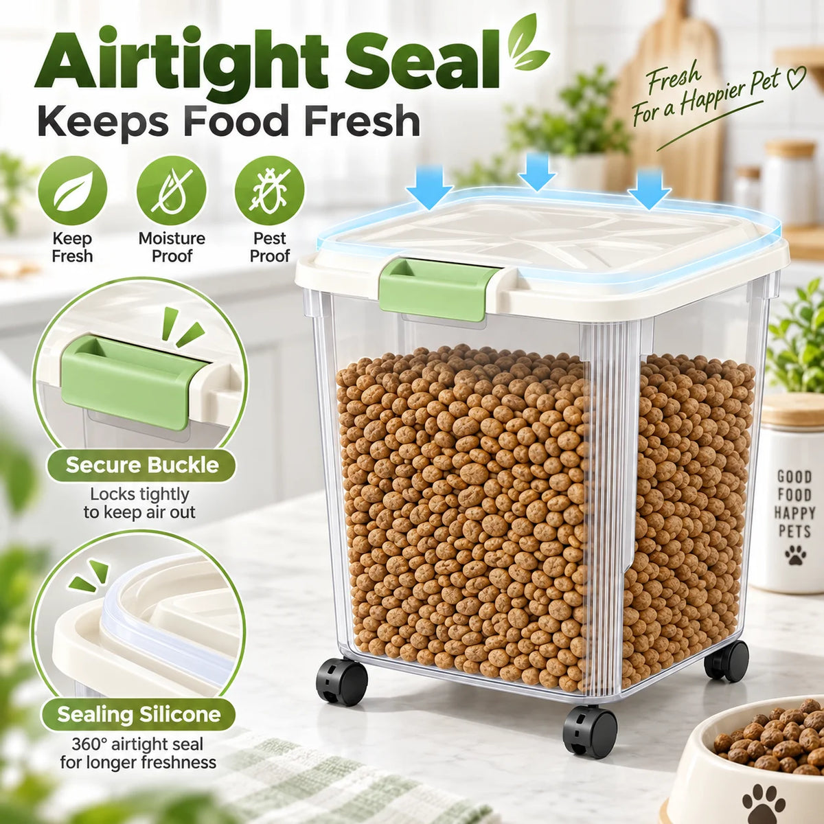 25KG Large Capacity Pet Food Storage Container with Wheels, Airtight Dog Cat Food Bin with Measuring Cup, Sealed Kibble Storage Box, 360° Rolling Casters for Home Kitchen Pantry