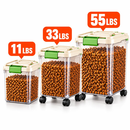 Dog Food Storage Container, 55/33/11Lbs Capacity Options, Large Capacity Transparent Pet Food Storage Box with Scoop, Flip Lid Cat Food Container, Airtight Insect-Proof Kibble Bucket for Dogs And Cats