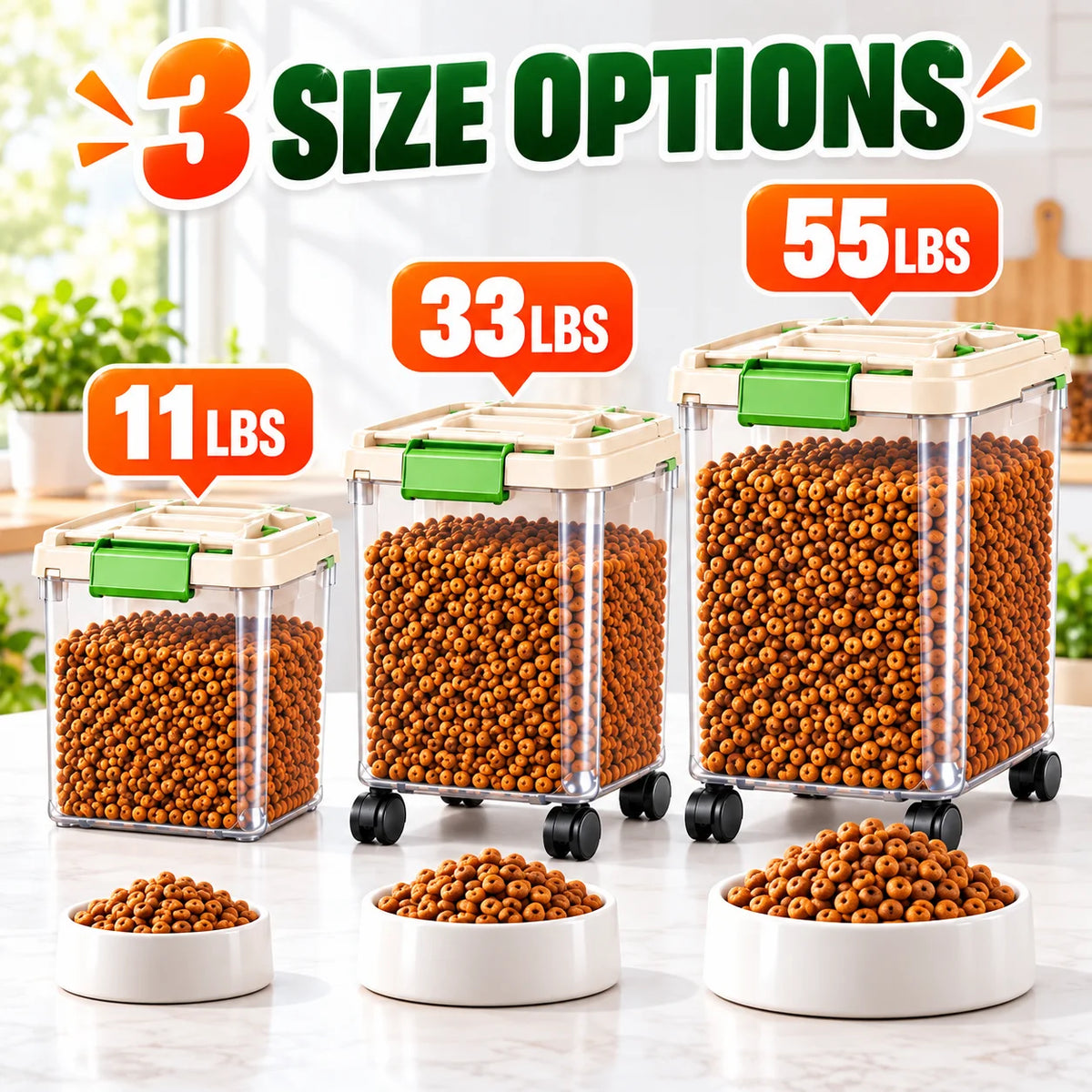 Dog Food Storage Container, 55/33/11Lbs Capacity Options, Large Capacity Transparent Pet Food Storage Box with Scoop, Flip Lid Cat Food Container, Airtight Insect-Proof Kibble Bucket for Dogs And Cats