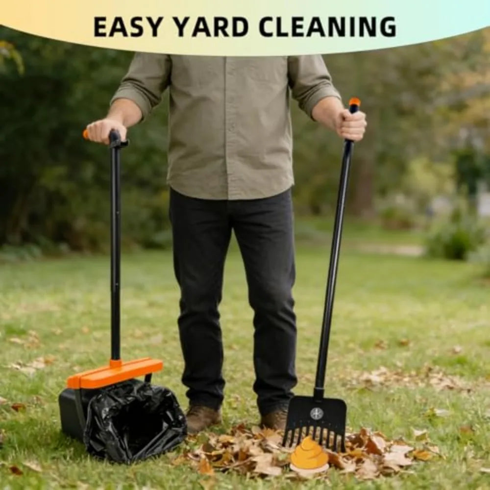 46" Pooper Scooper Swivel Bin & Rake for Large Small Dogs with Bag Attachment, Long Handle Poop Scooper with Lid for Yard (Orange)