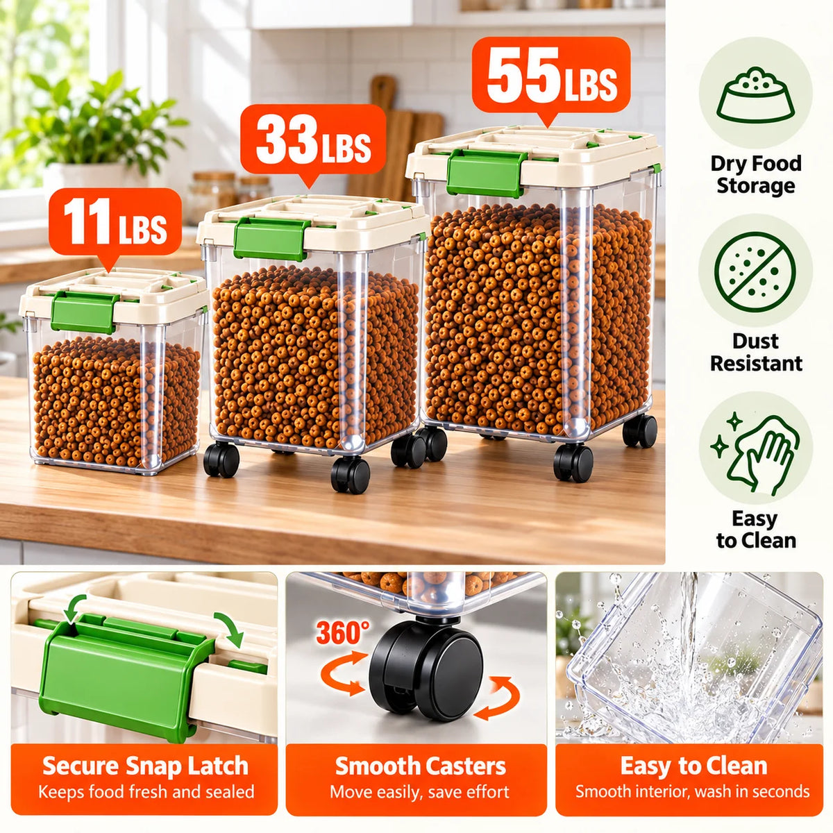 Dog Food Storage Container, 55/33/11Lbs Capacity Options, Large Capacity Transparent Pet Food Storage Box with Scoop, Flip Lid Cat Food Container, Airtight Insect-Proof Kibble Bucket for Dogs And Cats