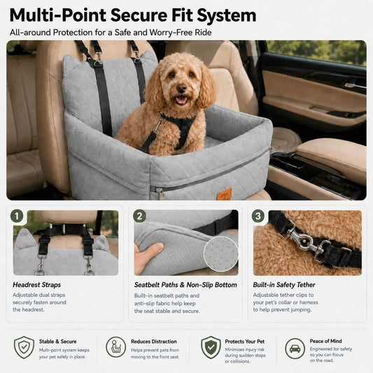 Dog Car Seat Booster For Small Dogs Up To 25 lbs, Pet Car Seat Wtih 6-inch Booster, Safety Belt, Non-slip Base, High-density Foam, Washable Cover  For Travel(Grey)