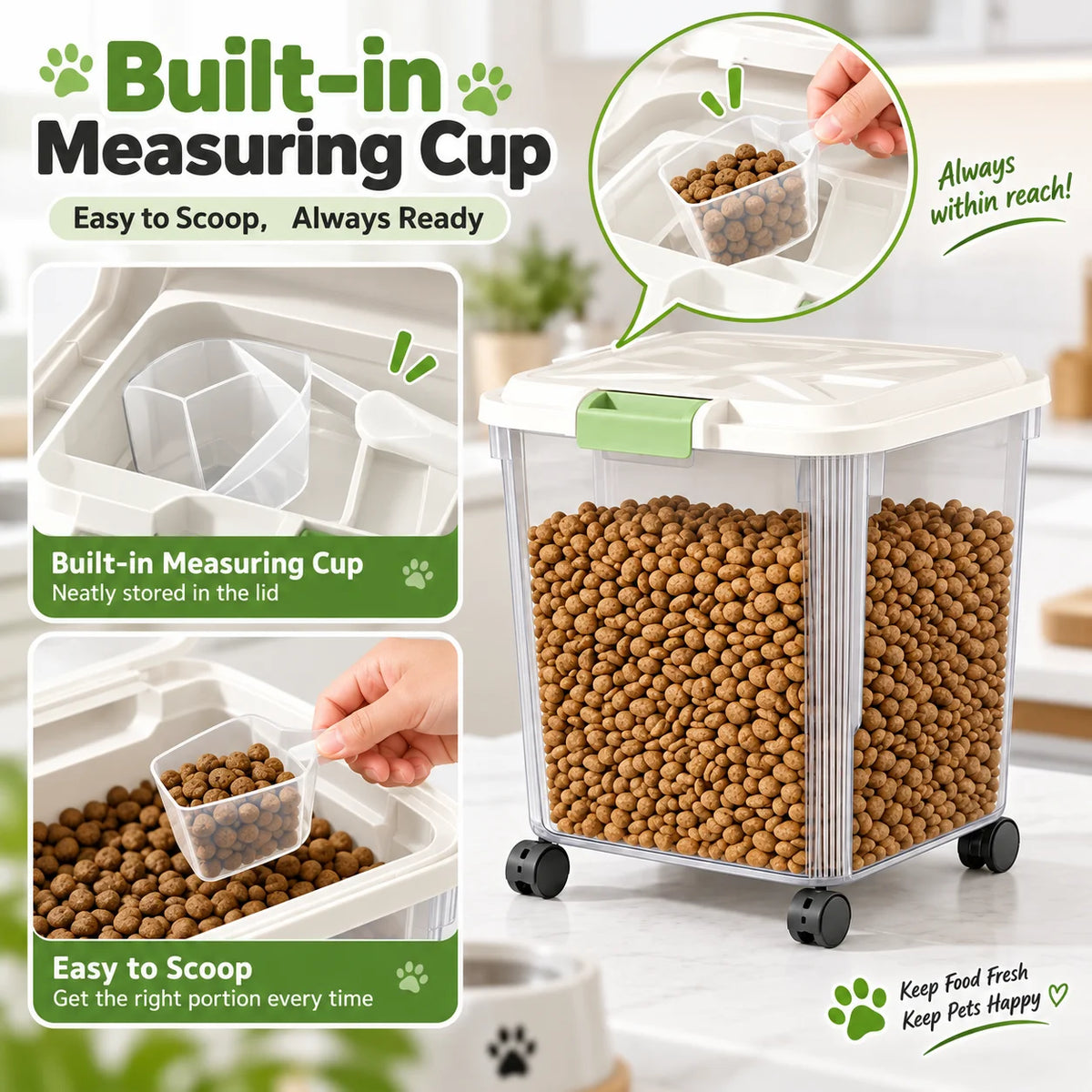 25KG Large Capacity Pet Food Storage Container with Wheels, Airtight Dog Cat Food Bin with Measuring Cup, Sealed Kibble Storage Box, 360° Rolling Casters for Home Kitchen Pantry
