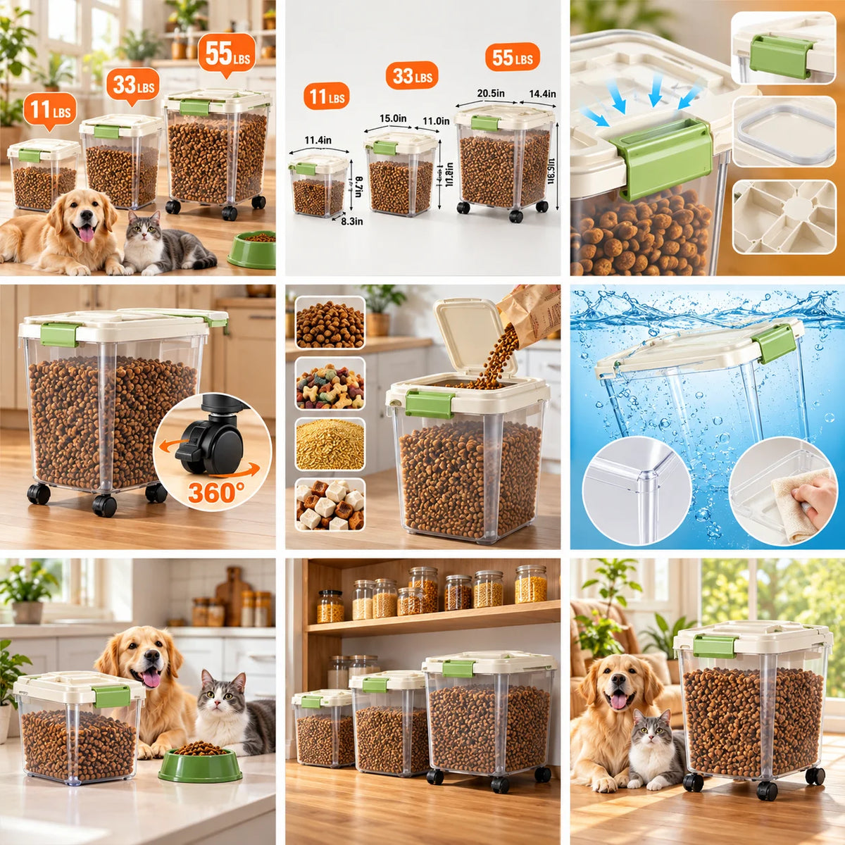 Dog Food Storage Container, 55/33/11Lbs Capacity Options, Large Capacity Transparent Pet Food Storage Box with Scoop, Flip Lid Cat Food Container, Airtight Insect-Proof Kibble Bucket for Dogs And Cats