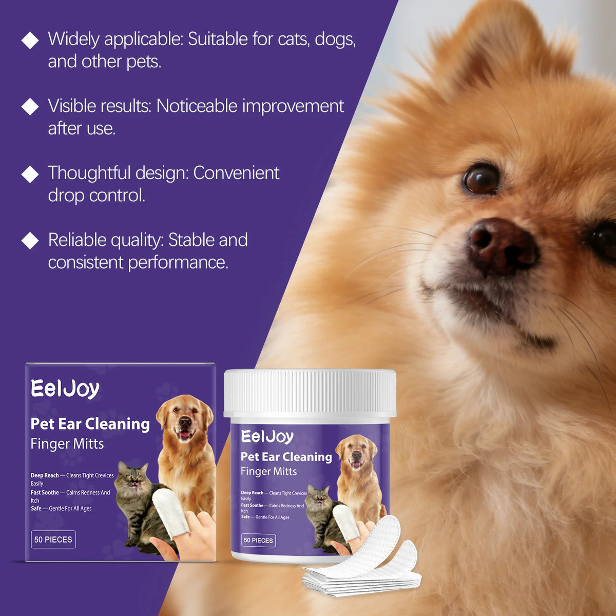 50PCS Pet Ear Cleaning Finger Cots Gentle Formula Daily Cleaning Ear Stains Eliminate Bad Odors Fresh Fragrance Soothing Itching Pet Ear Cleaner Wet Wipe
