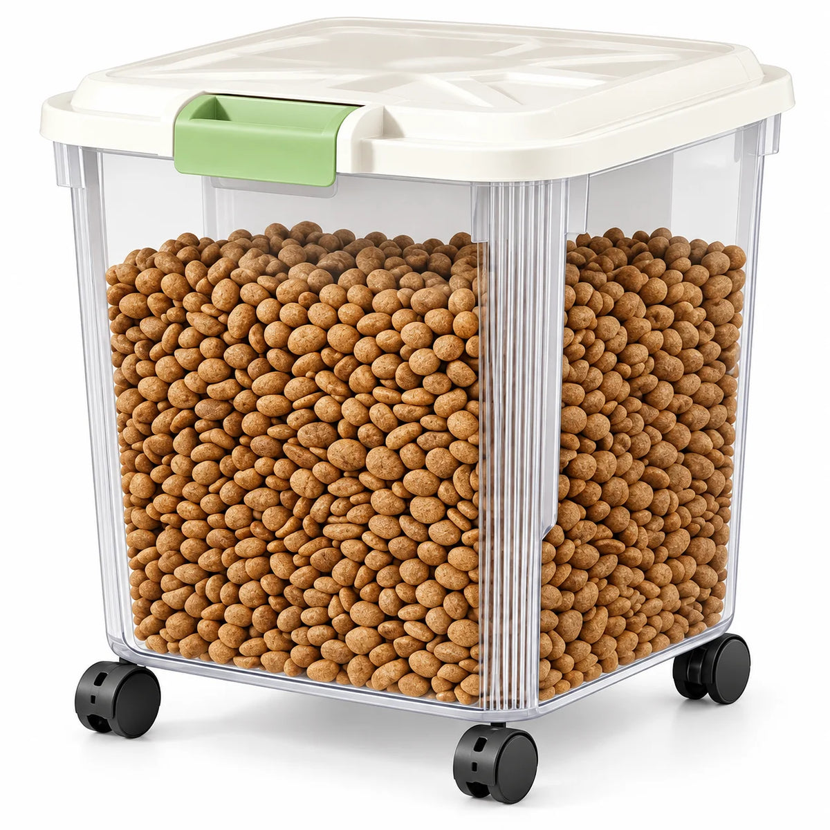 25KG Large Capacity Pet Food Storage Container with Wheels, Airtight Dog Cat Food Bin with Measuring Cup, Sealed Kibble Storage Box, 360° Rolling Casters for Home Kitchen Pantry