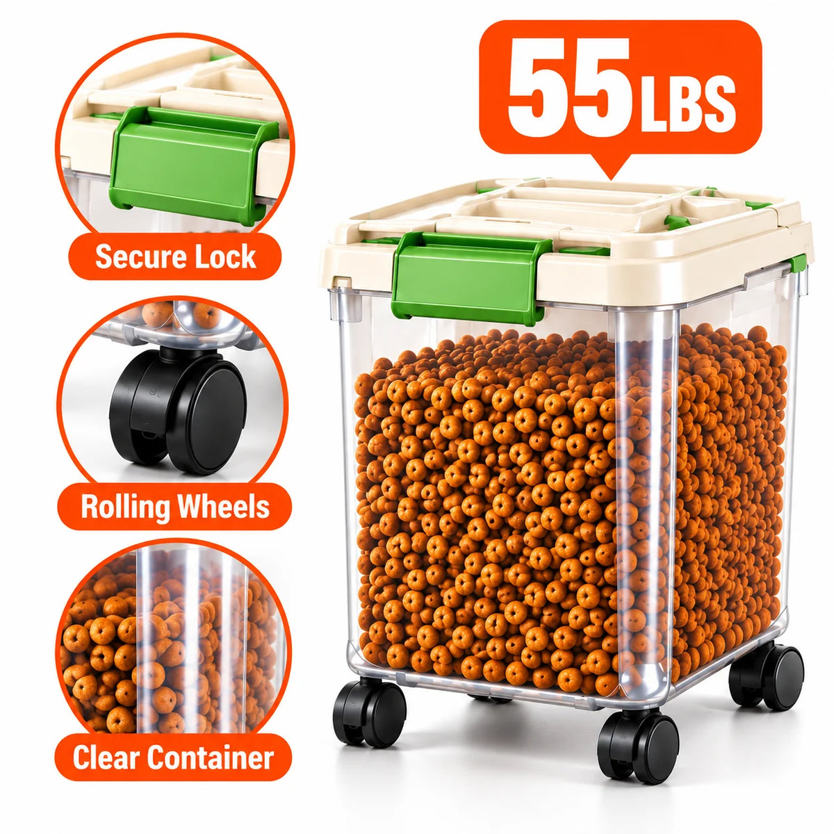 Dog Food Storage Container, 55/33/11Lbs Capacity Options, Large Capacity Transparent Pet Food Storage Box with Scoop, Flip Lid Cat Food Container, Airtight Insect-Proof Kibble Bucket for Dogs And Cats