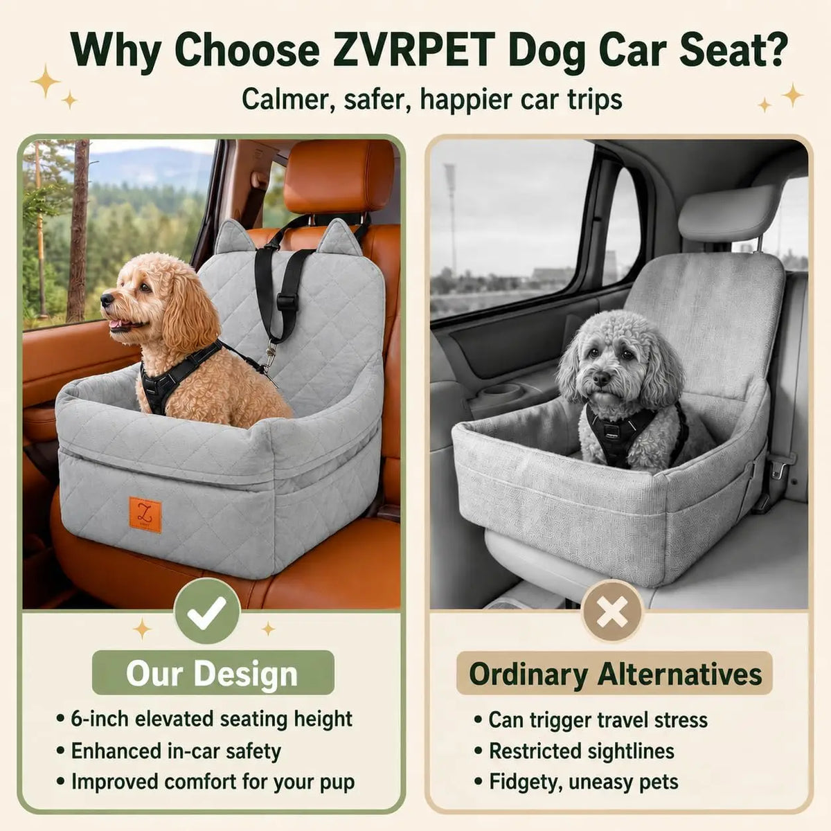 Dog Car Seat Booster For Small Dogs Up To 25 lbs, Pet Car Seat Wtih 6-inch Booster, Safety Belt, Non-slip Base, High-density Foam, Washable Cover  For Travel(Grey)