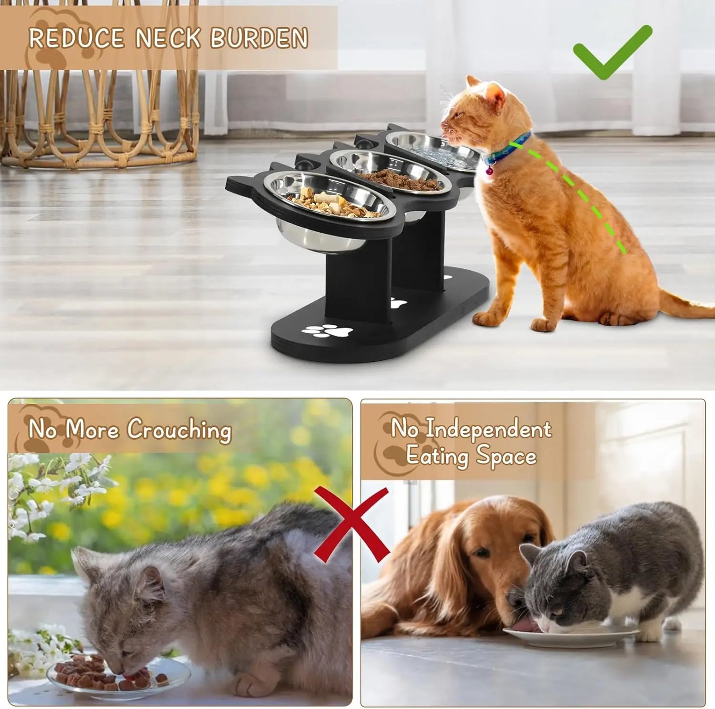 Cat Bowls Elevated, Raised Cat Food Bowls For Indoor Cats, Adjustable Heights Cat Food And Water Bowl With Black Shelf, 3 Stainless Steel Elevated Cat Bowls With 15°Tilted, Cat Dishes For Food And Water