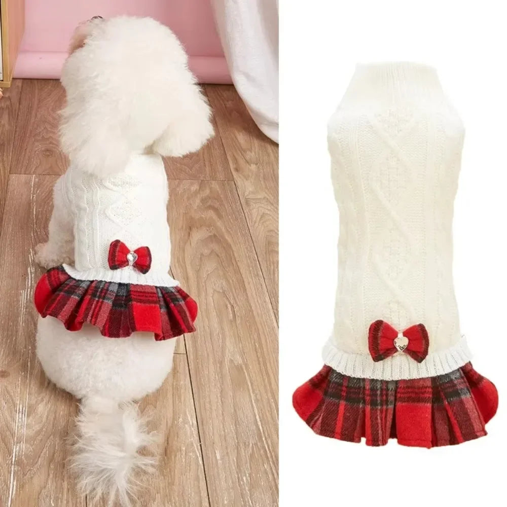 Dog Christmas Outfit, White Gray Knitted Puppy Sweater & Plaid Skirt Set, Warm Winter Holiday Pet Apparel for Small Dogs & Cat